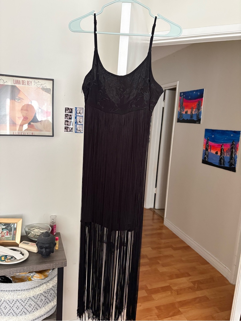 Olivaceous Black Fringe Slip Dress with Embroidered Bodice